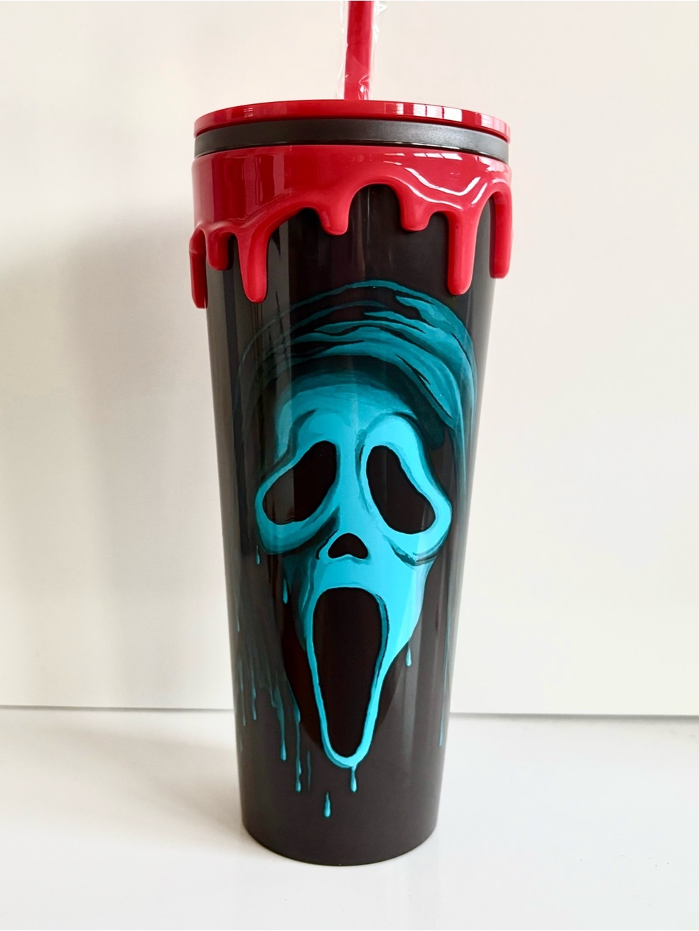 Ghostface Scream Movie Tumbler Red Drip Lid With Red Straw 24oz Slashers Spooky